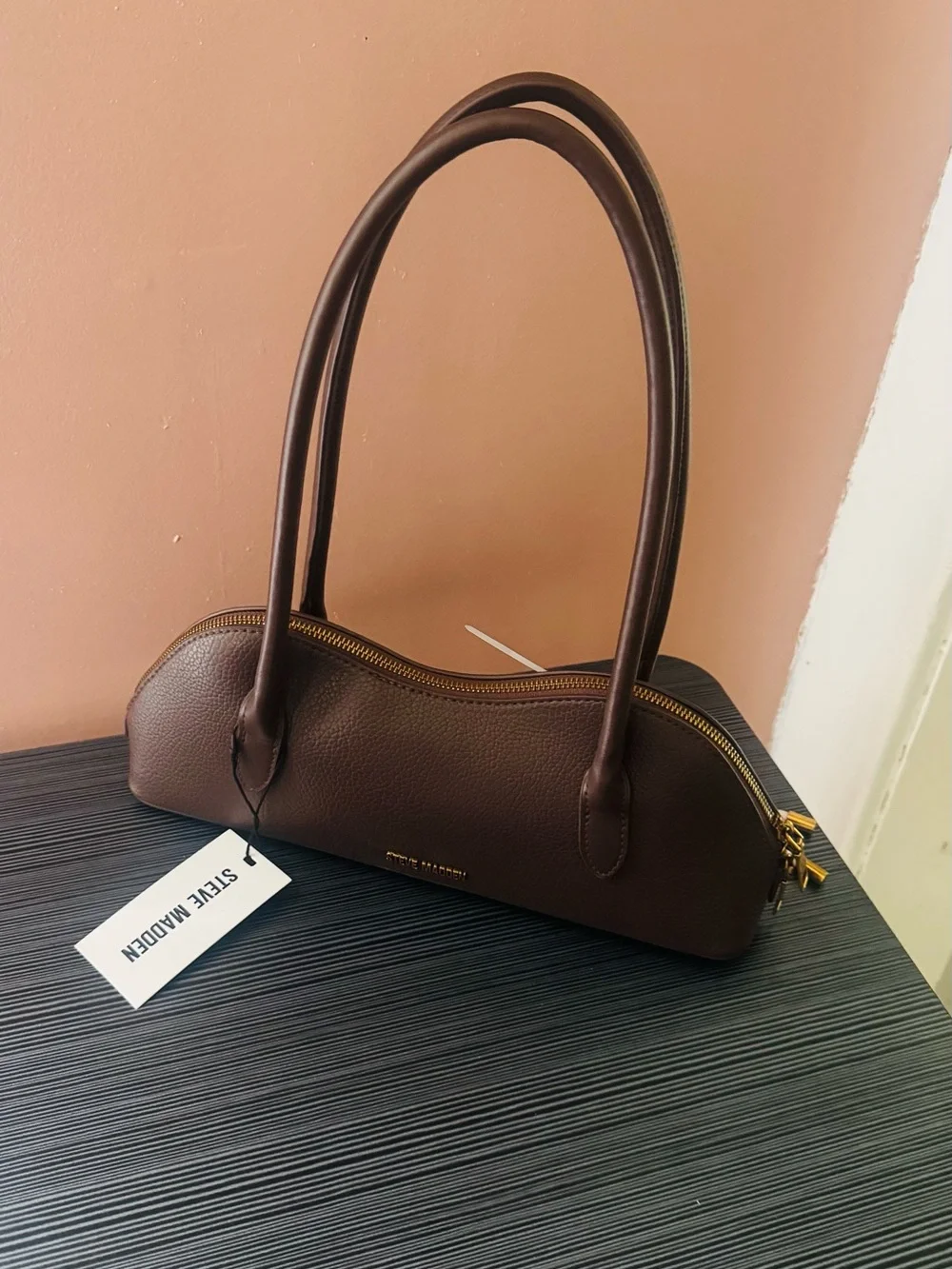 Steve Madden Dark Brown Pebbled Leather Shoulder Bag with Gold Hardware